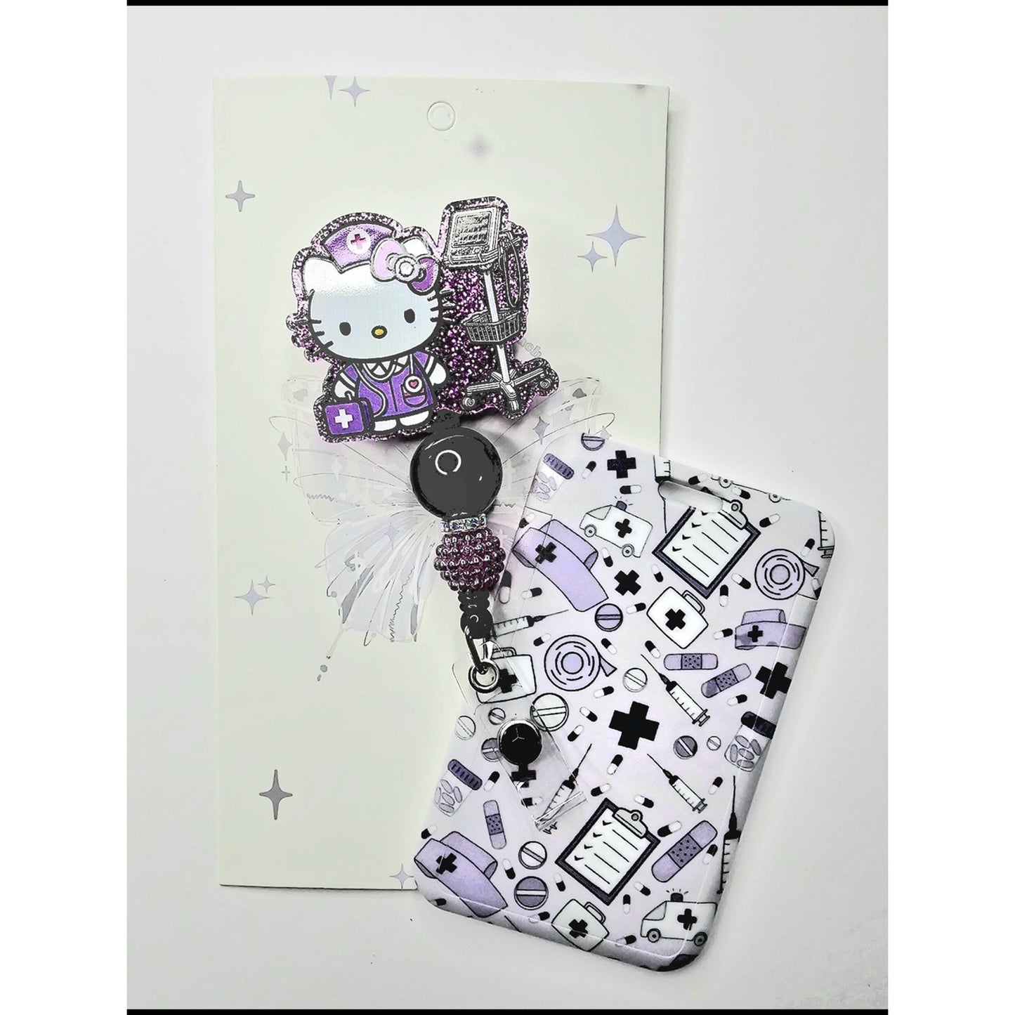 Hello Kitty Purple Glitter Nurse Badge Reel with Lavender Patterned ID Holder