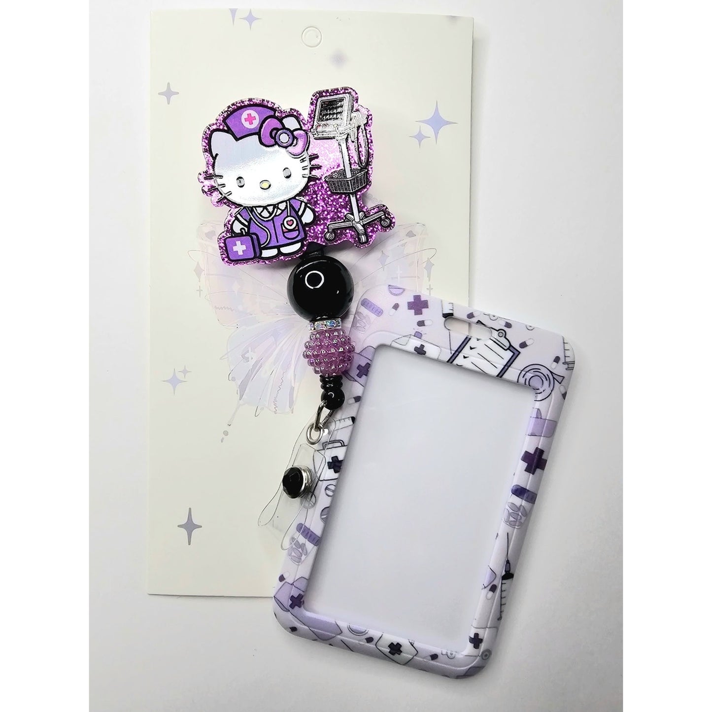 Hello Kitty Purple Glitter Nurse Badge Reel with Lavender Patterned ID Holder